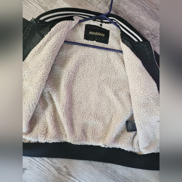 Madden NYC Faux Black Leather Bomber Jacket - Picture 6 of 11